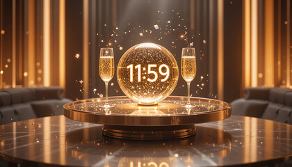 A luxurious golden scene shows two sparkling champagne flutes next to a glowing sphere displaying the final minute of the last day of the year countdown.