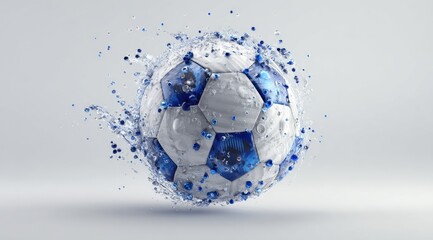 Soccer ball in mid-air, surrounded by water splashes