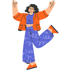 Joyful Woman In Orange Jacket And Blue Patterned Pants With Arms Raised In A Pose Of Celebration And Excitement Isolated On A White Background