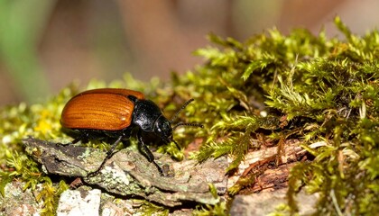 Beetle Crawling Mossy Log Insect Bug Detail Coleoptera Wildlife Outdoor