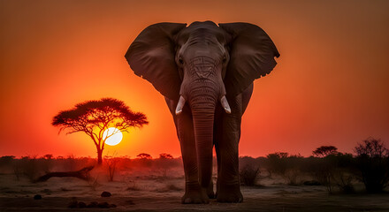 Obraz premium Stunning, highly detailed vector illustration of a powerful African elephant standing centrally on a dusty savanna at sunset, silhouetted against a brilliant, fiery orange and red sky.