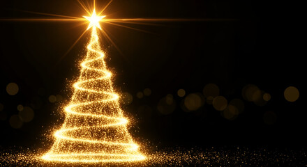 Abstract Christmas Tree Formed by a Spiral of Brilliant Golden Light Particles with a Glowing Star Topper, Standing on a Sparkling Floor Against a Pure Black Background with Bokeh Lights