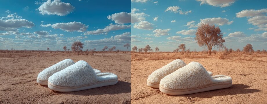 Two pairs of white fuzzy slippers on a sandy desert landscape with a split-toned color scheme