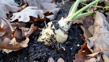 Parsnip Root Vegetable Harvest in Garden Soil Autumn Leaves Close Up