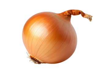 A single brown onion with a textured skin and a dry stem is centered against a soft, gradient background. The lighting creates a subtle glow around the vegetable.