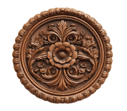 Ornate, circular wood carving.  Detailed floral and scrollwork design