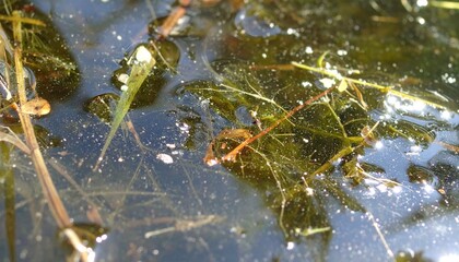 Calm Water Surface with Aquatic Plants and Reflections in a Still Pond
