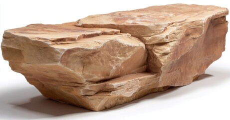 Large, irregular, light brownish-tan rock.  Heavily textured, layered surface.  Isolated on white background