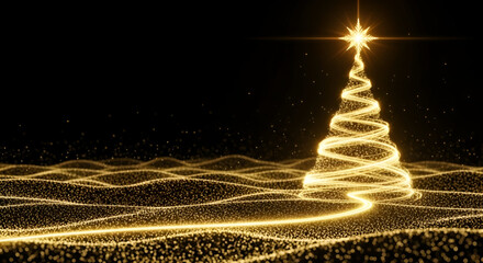 Abstract Christmas Tree Formed by a Spiral of Brilliant Golden Light Leading from a Wavy Field of Sparkling Particles, Topped with a Bright Star and Set Against a Dark Background