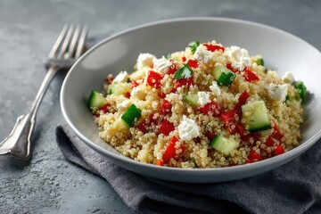 A plate of quinoa salad with feta cheese, cucumbers, and red peppers