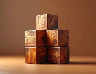 Stack of five wooden cubes in a pyramid shape, against a warm backdrop