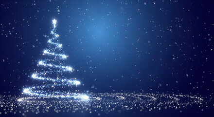 Abstract Christmas Tree Formed by Sparkling Blue and White Particle Trails with a Bright Star Topper, Surrounded by Falling Snowflakes and Bokeh on a Dark Blue Winter Background