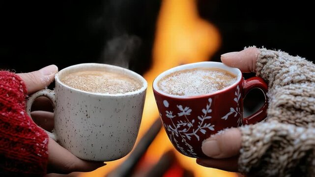 close up of hands holding festive mugs with hot cocoa near outdoor bonfire while snow is falling and holiday vibes in winter atmosphere