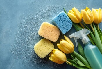 Colorful cleaning supplies and yellow tulips on a pastel blue surface.  Sponges, spray bottle, and fresh spring flowers are arranged on a light blue background with water droplets