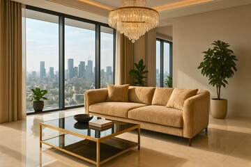 Luxury Modern Living Room with Crystal Chandelier and City View