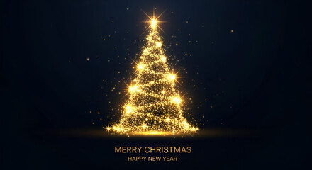 Merry Christmas and Happy New Year Greeting with a Brilliant Abstract Cone Shaped Tree Made of Golden Sparkling Light Particles and Stars, Glowing Brightly on a Dark Blue Background