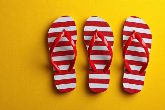Three red and white striped flip-flops on a bright yellow background - Powered by Adobe