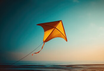 A vibrant yellow kite soars over a tranquil beach at sunset