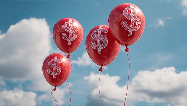 Four red balloons, each imprinted with a white dollar sign, float against a partly cloudy sky