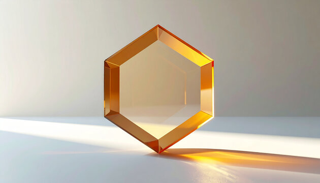 Geometric amber-colored crystal hexagon on a white surface with shadows.