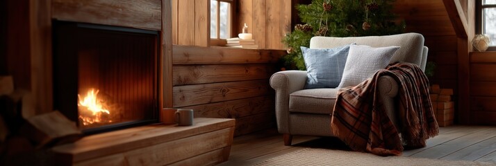 Obraz premium Cozy cabin interior with fireplace and comfortable armchair by a christmas tree