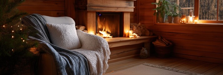 Obraz premium Cozy cabin living room with fireplace, armchair, and warm lighting