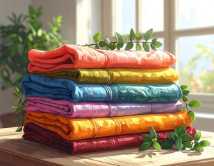 Stacked, folded textiles of multiple colors, with foliage