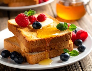 Stacked toast with berries, butter, mint, and flowing honey