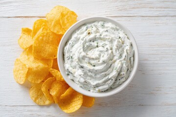 Creamy herb dip in white bowl, surrounded by tortilla chips on a light wooden surface