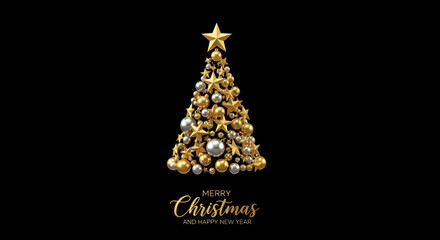 Merry Christmas and Happy New Year Greeting with a Minimalist Abstract Tree Shape Formed Entirely by Luxurious Golden and Silver Ornaments and Stars Against a Pure Black Background
