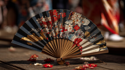 An elegant Japanese folding fan with a floral design rests on a wooden stage with scattered petals during the vibrant Ohara Festival, Japan