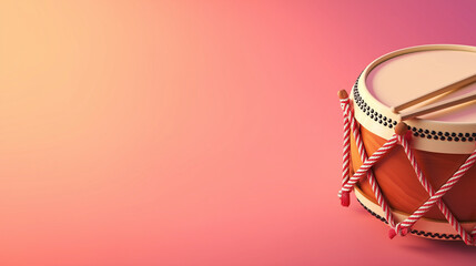 A traditional Japanese taiko drum with bachi sticks, a symbol of the vibrant music and cultural celebration at the Ohara Festival, Japan, set against a colorful background