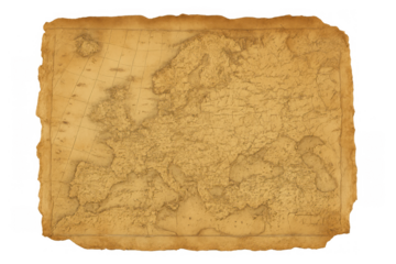 Old authentic europe map with worn parchment texture, showing ancient cartography, history, and discovery on transparent background