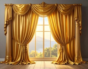 Sumptuous, opulent golden drapes frame a sunlit window with a scenic view