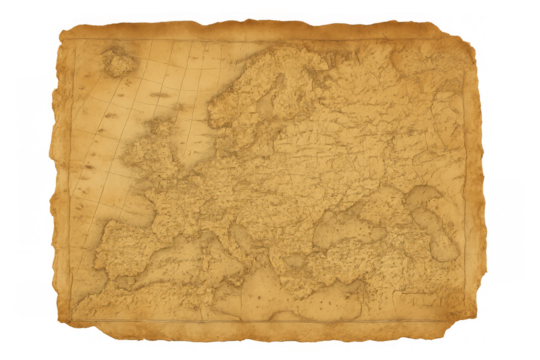 Old authentic europe map with worn parchment texture, showing ancient cartography, history, and discovery on transparent background