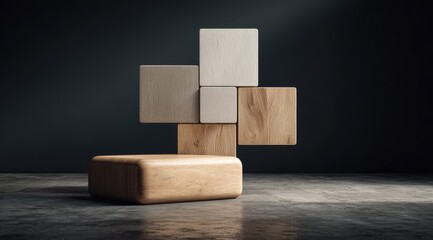 Stacked light & dark wooden blocks on a dark floor
