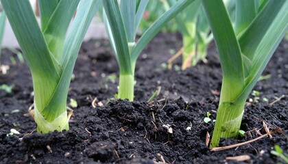 Fototapeta premium Leek Plants Growing in Soil Fresh Produce Agriculture Gardening Cultivation