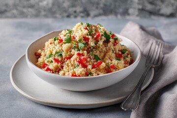 Creamy couscous with red peppers in a bowl