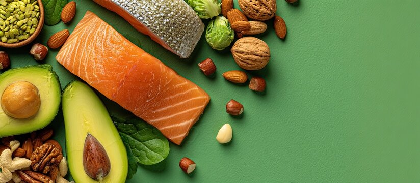 Assorted healthy foods arranged on a vibrant green surface - Powered by Adobe