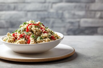 White bowl of couscous salad with vegetables