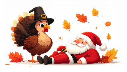 Cheerful turkey in pilgrim hat meets joyful Santa Claus surrounded by vibrant autumn leaves, celebrating holiday spirit