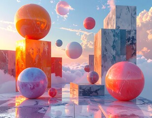 Surreal digital art of floating spheres and geometric marble structures