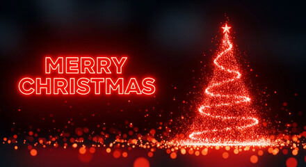 Merry Christmas Neon Sign Glowing Bright Red Next to a Stylized Abstract Particle Tree with a Star Topper and Sparkling Bokeh Lights on a Dark Background Creating a Modern Festive Display