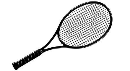 Photo of a black tennis racket isolated on a white background, showcasing its strung head and grip, perfect for sports and fitness themes