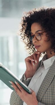 Typing, business woman or tablet with thinking for legal research, case insight or contract review. Attorney, person or smile with tech at law firm for evidence analysis, court statement or solution