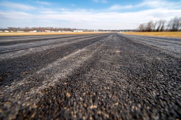 Freshly paved runway, close-up view, leading to distant horizon