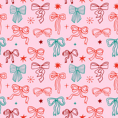 Seamless Christmas pattern with stars and coquette ribbon bows