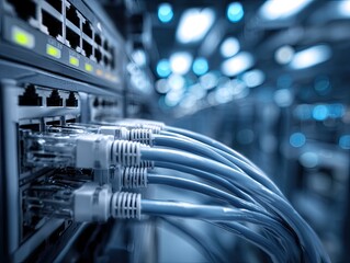 Network switch with cables in a server room.  Close-up view of network connections.  Blurred background of server rack