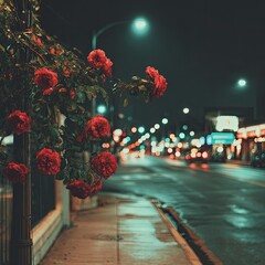 Lush red roses bloom beside a city street at night