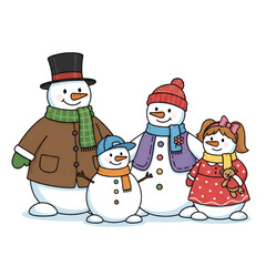 Illustration of a snowman family character with two children. Isolated on a white background.